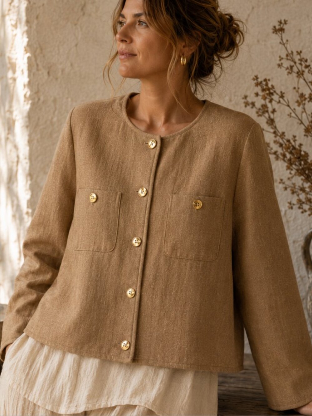 Lafayette 148 Tan 100% Linen Cropped Collarless Jacket XXL Lagenlook Old Money